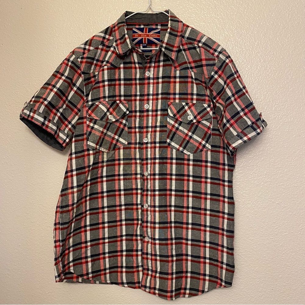 FOR HIM LONDON Union Jack Label casual Button Up Plaid Slim Fit Shirt -M